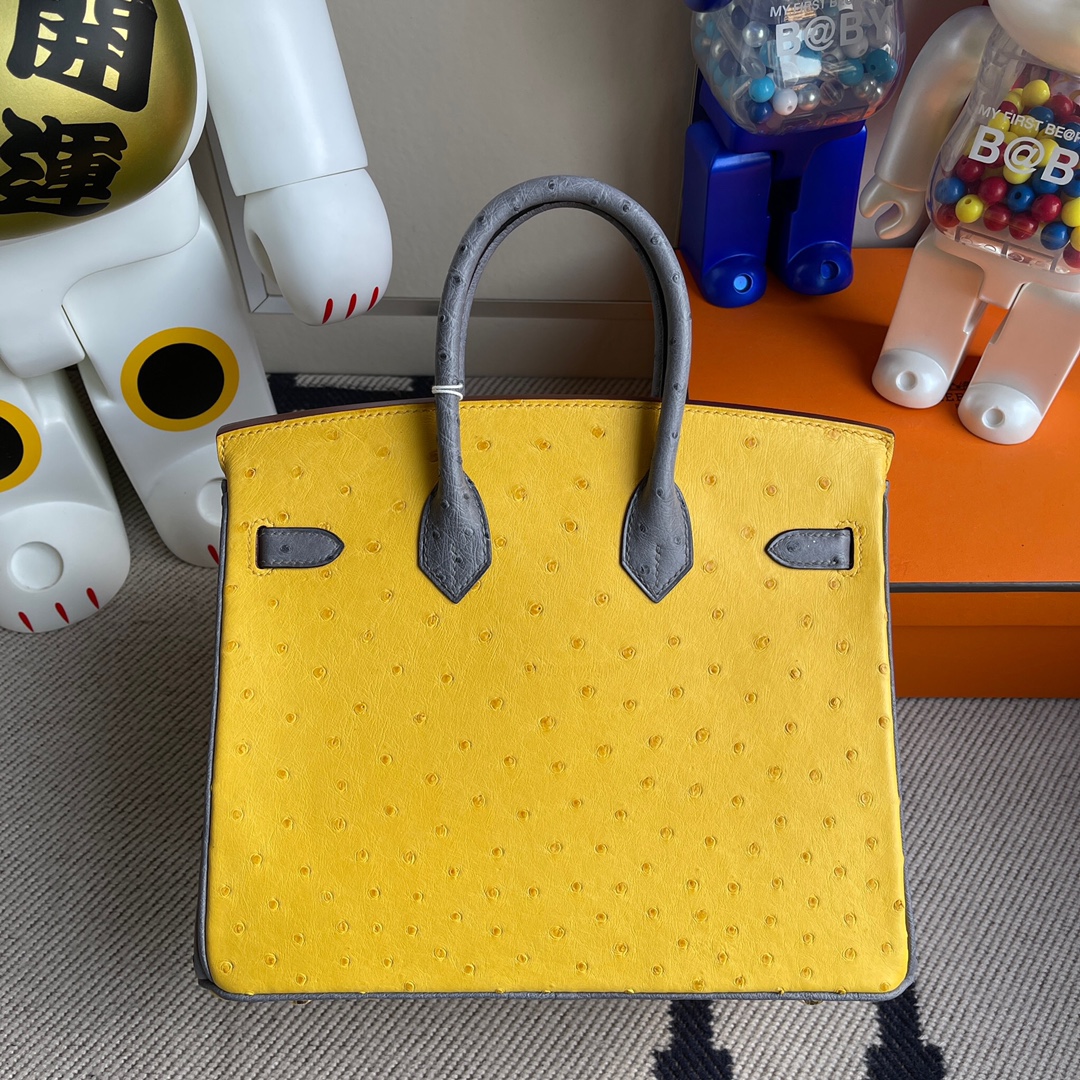 에르메스 버킨백25 앰버 옐로우 그레이 금장 타조가죽